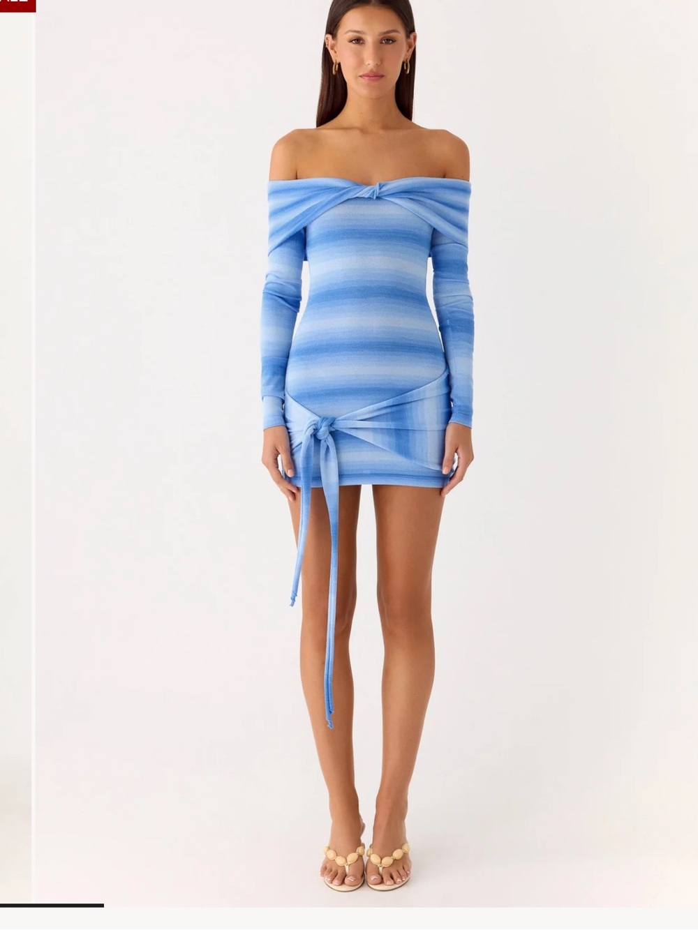 Peppermayo Blue Striped Off-Shoulder Knit Mini Dress